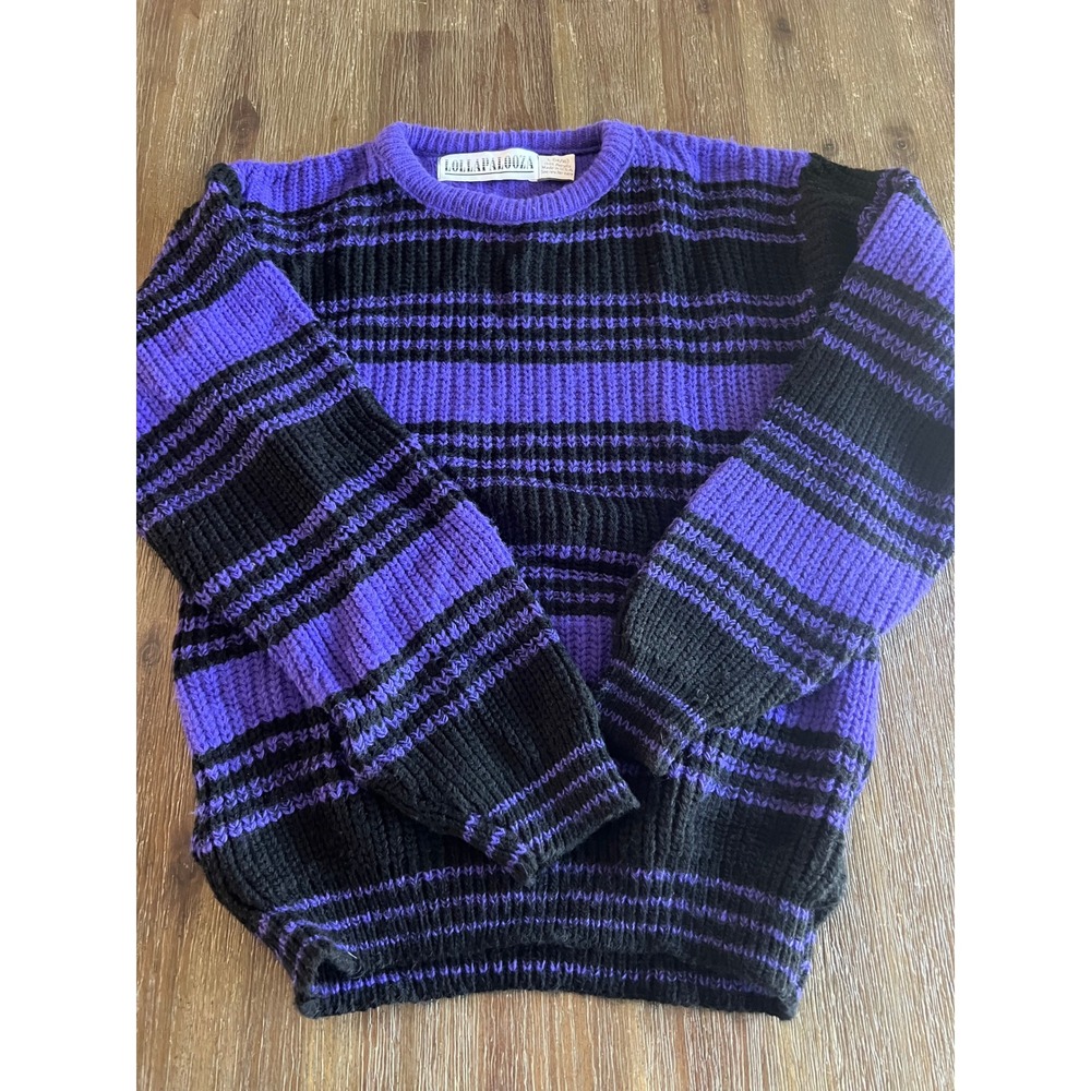 Vintage 90s Lollapalooza Kids Purple Black Striped Knit Sweater L-14/16  Retro